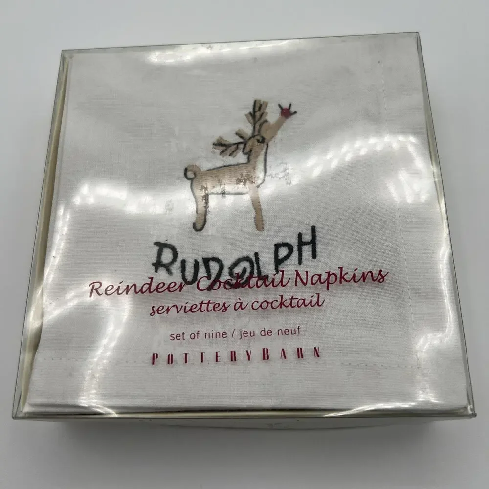 POTTERY BARN Christmas Reindeer Cocktail Napkins, Set of 9, Embroidered New